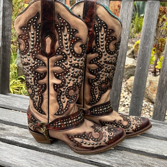 Corral Women's Sand/Overlay w/ Studs Brown Leather Boots!  Gorgeous! Size 7 1/2 - Picture 3 of 16